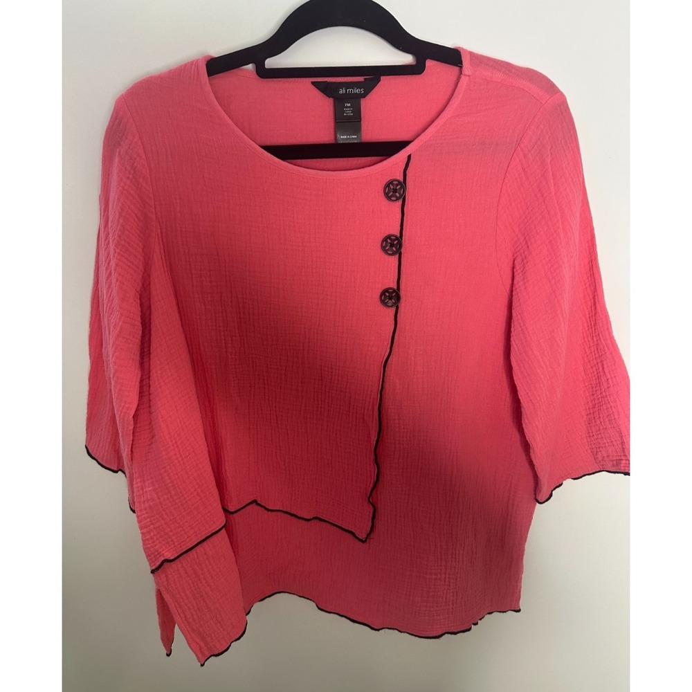 Ali Miles Pink Cotton Gauze Asymmetrical Button Blouse 3/4 Sleeve Petite Medium - Picture 10 of 10